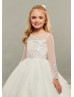 Sheer Long Sleeves Ivory Lace Tulle Flower Girl Dress